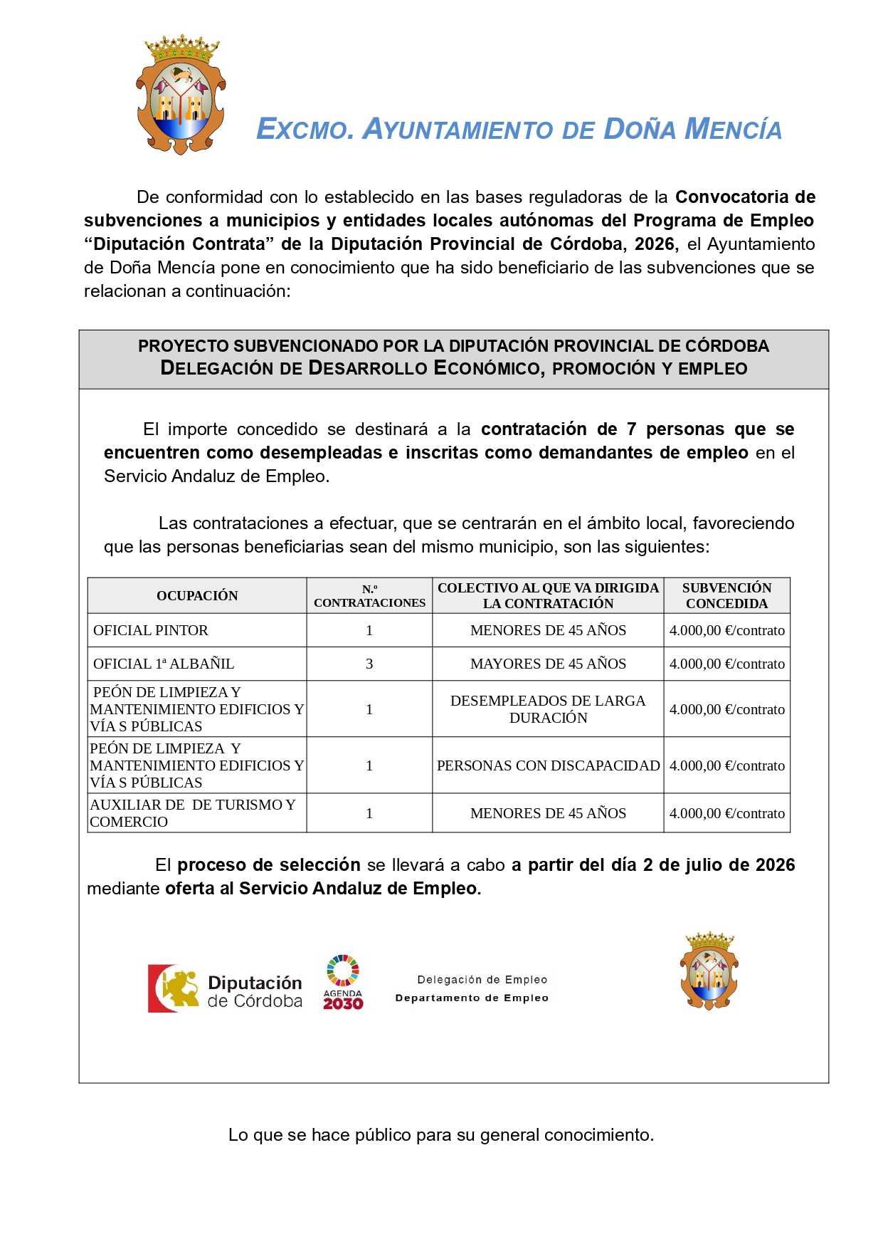 Convocatoria de subvenciones a municipios y entidades locales autónomas del Programa de Empleo “Diputación Contrata” de la Diputación Provincial de Córdoba, 2026